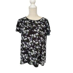 Banana Republic Flutter Sleeve Blouse Women's Small Black Floral Feminine EUC
